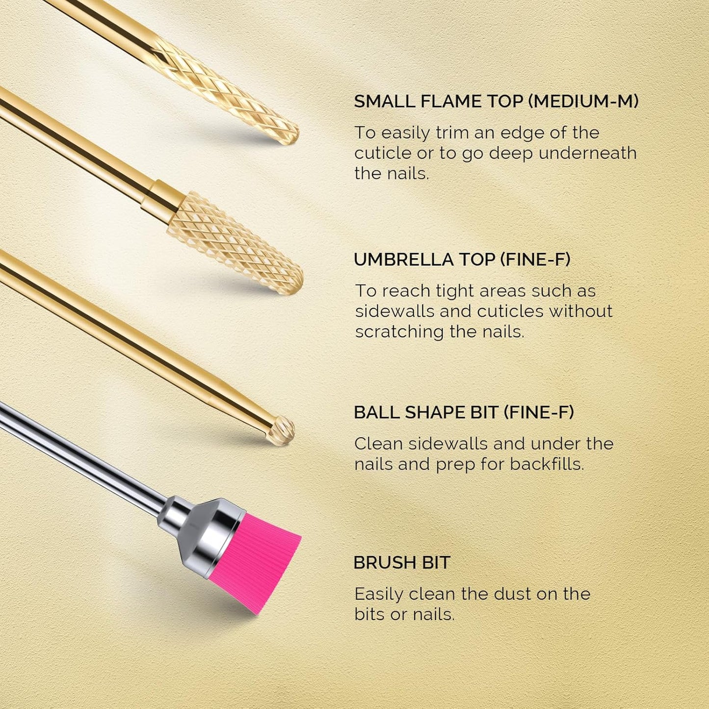 MelodySusie Nail Drill Bits Set, 7pcs Tungsten Carbide Nail Bits for Nail Drill E-file, 3/32 inch Bits Manicure Pedicure Remover Tools for Acrylic Gel Nails, Salon Home Nail Care Supplies, Gold