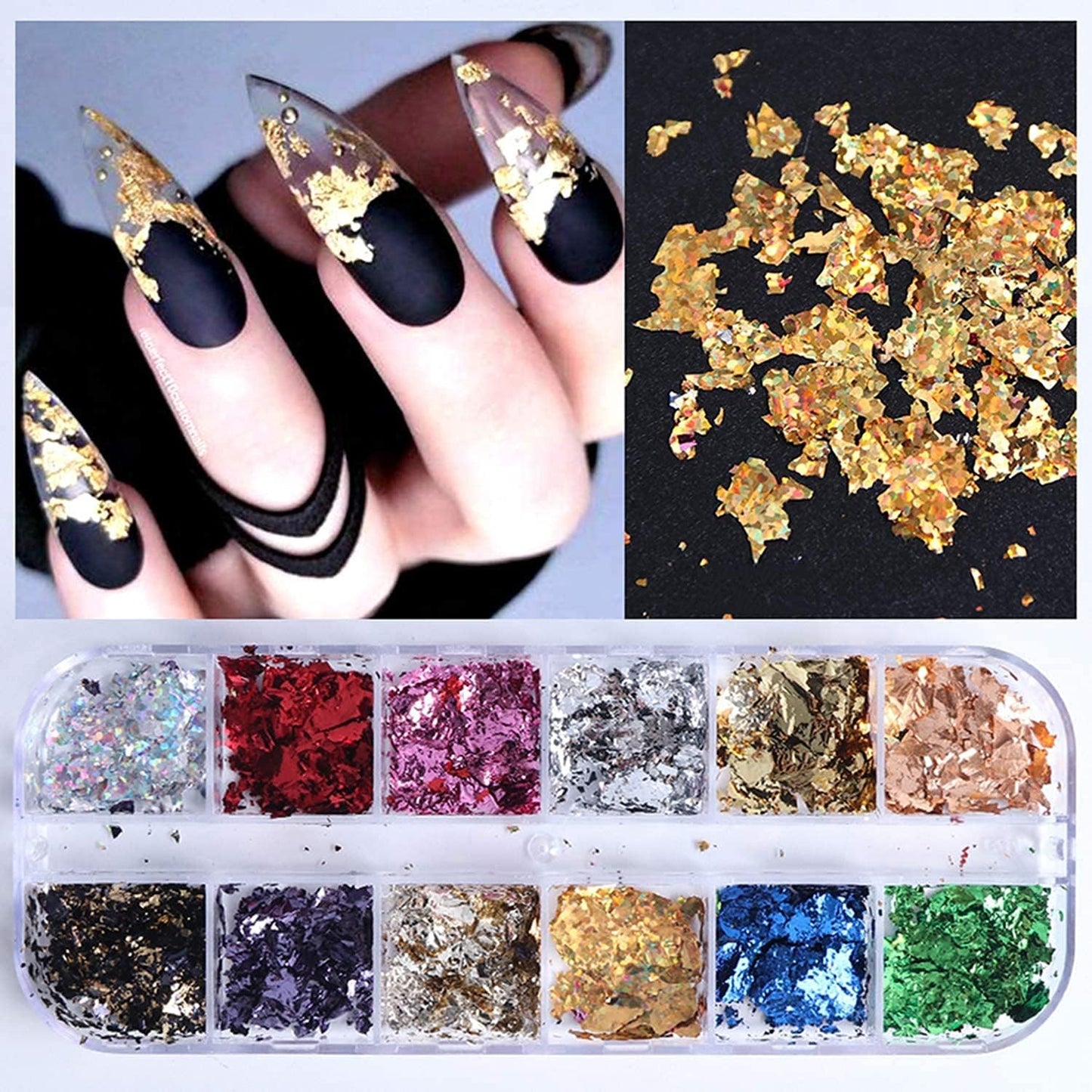 12 Colors Holographic Glitter Foils Laser Sequins Ultra-Thin Film for Nail Designs Acrylic Supplies Manicure Tips Charm Decorations DIY Shiny Art Stickers for Women Girls
