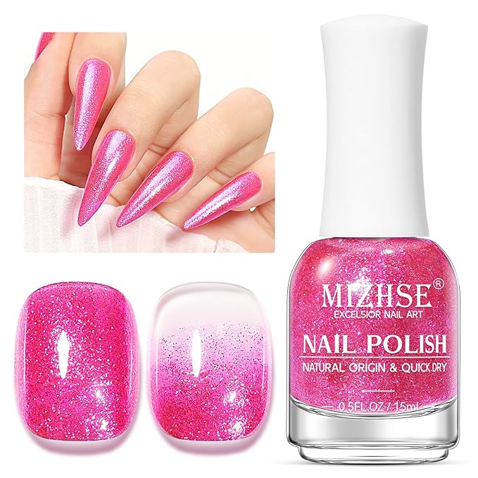 MIZHSE Quick Dry Glitter Rose Red Nail Polish, Shimmery Nail Polish Fast Drying, 15ml High Glossy Sparkly Shiny Nail Lacquer Nail Art Salon Manicure Home