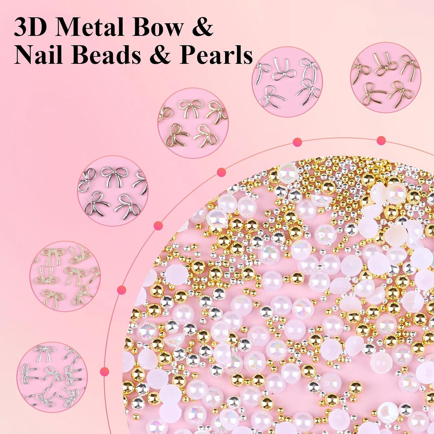 3D Metal Bowknot & AB Pearl and Mini Beads Nail Art Kit - Gold/Silver Alloy Bowknot, 1-2mm Stainless Steel Caviar Beads, 3mm Half Pearls for Professional Salon & DIY Manicure Jewelry Designs (Set 4)