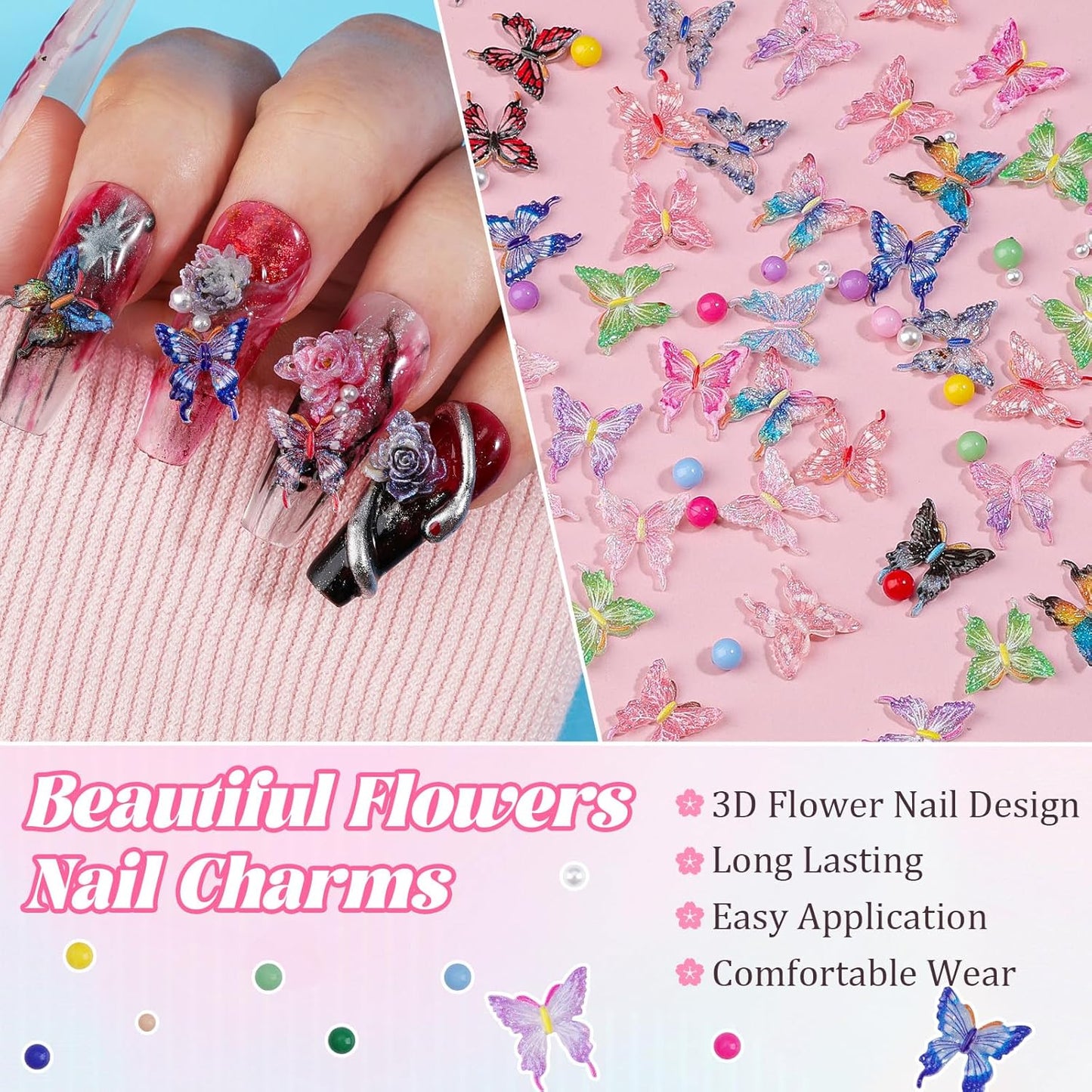 100Pcs Butterfly Nail Charms with 200Pcs Pearls, Colorful 3D Resin Nail Butterfly Charms, White & Macaron Rhinestones for Nail Art, DIY Crafts, Spring Summer Manicure Decoration for Women Girls