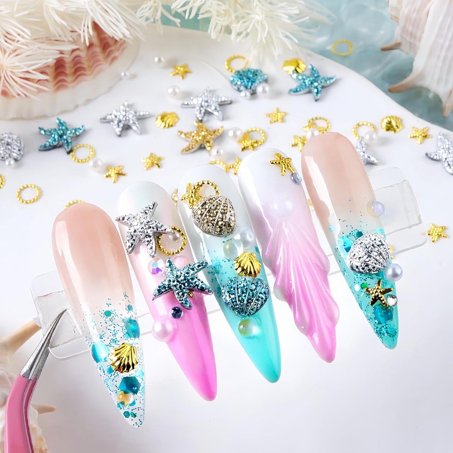 100Pcs Summer Starfish Nail Charms Pearls Seashell Starfish Gold Nail Rhinestones Ocean Theme Design Nail Gems 3D Nail Steel Studs Silver Blue Shell Nail Supplies Summer Beach DIY Crafts Nail Decor