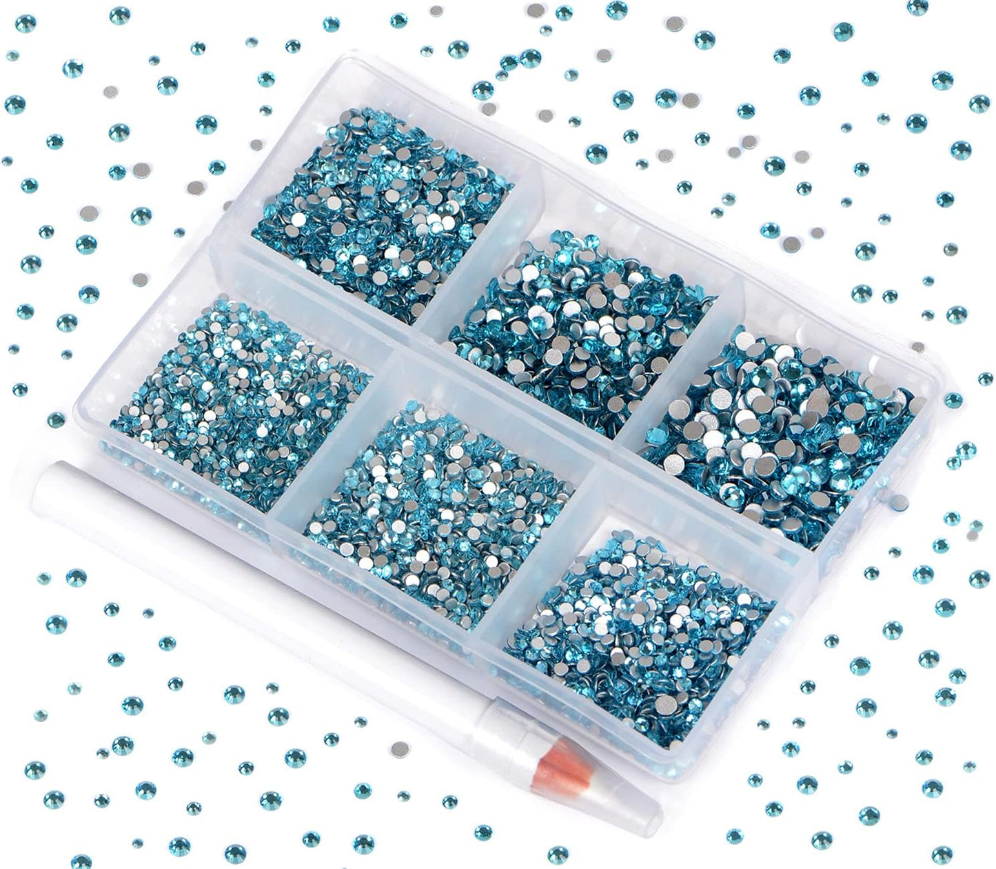 Bymitel 7200 Pieces 6 Mixed Sizes Glue Fix on Glass Rhinestones Round Crystal Gems Flatback for DIY Jewelry Making with one Picking Pen(6-Sizes 7200PCS, Aquamarine)