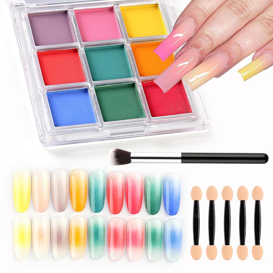 Nail Pigment Palette - 9 Colors Gradient & Solid Neon Ombre Pigment Powder Set - Includes 5 Sponge Sticks & 1 Brush - Perfect for Beginners