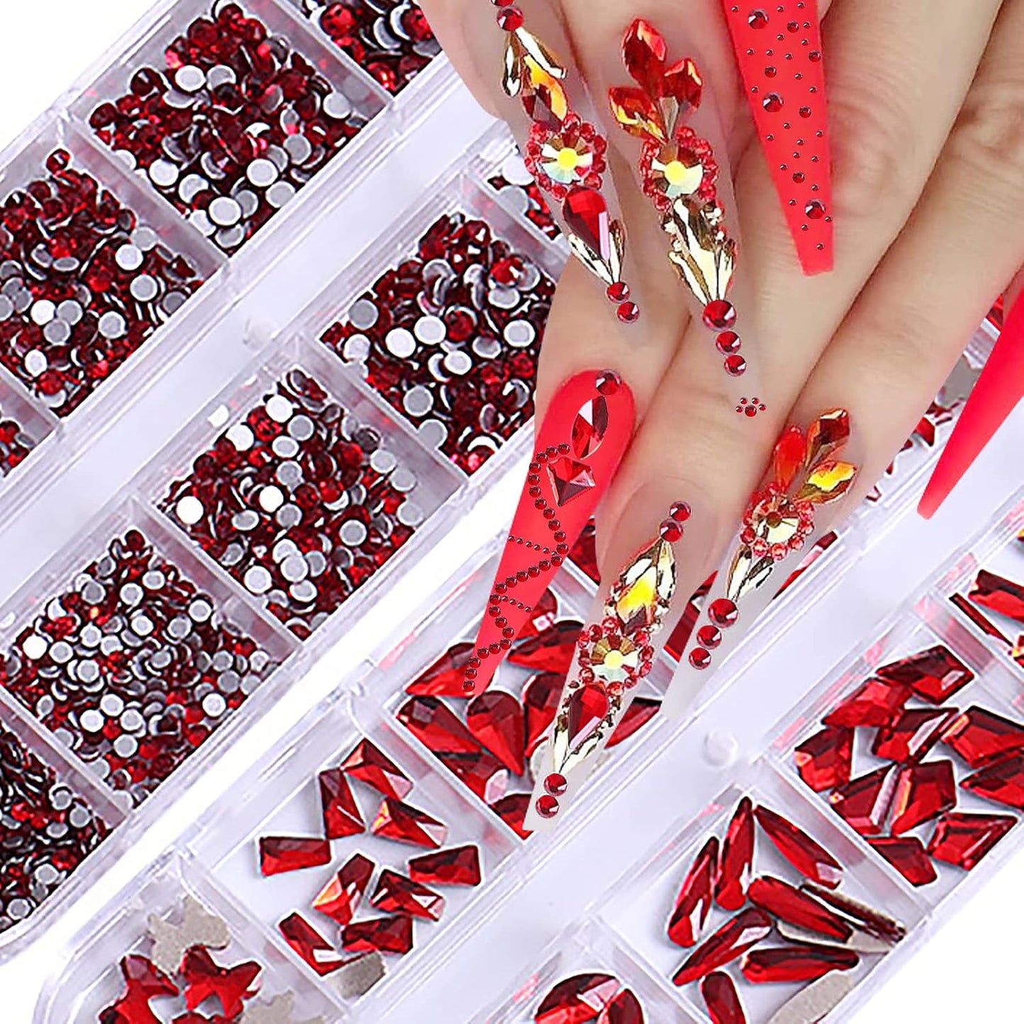 3120Pcs Crystal Red Nail Rhinestones,HOINCO Rhinestones for Nails,Nail Gems and Rhinestones Gems Multi Shapes Nail Charms for Nails Nail Crystal Beads Jewel for DIY Nail Art with Tweezers and Pen