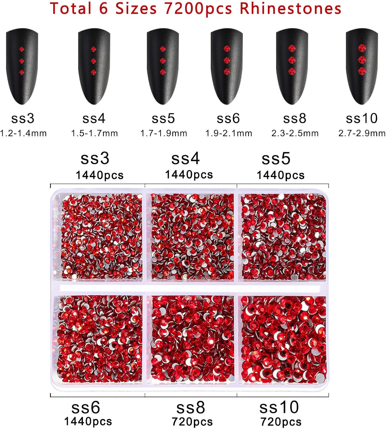 Beadsland 7200pcs Flatback Rhinestones, Red AB Rhinestone Nail Gems Round Crystal Rhinestones for Crafts,Mixed 6 Sizes with Wax Pencil Kit, SS3-SS10, Light Siam