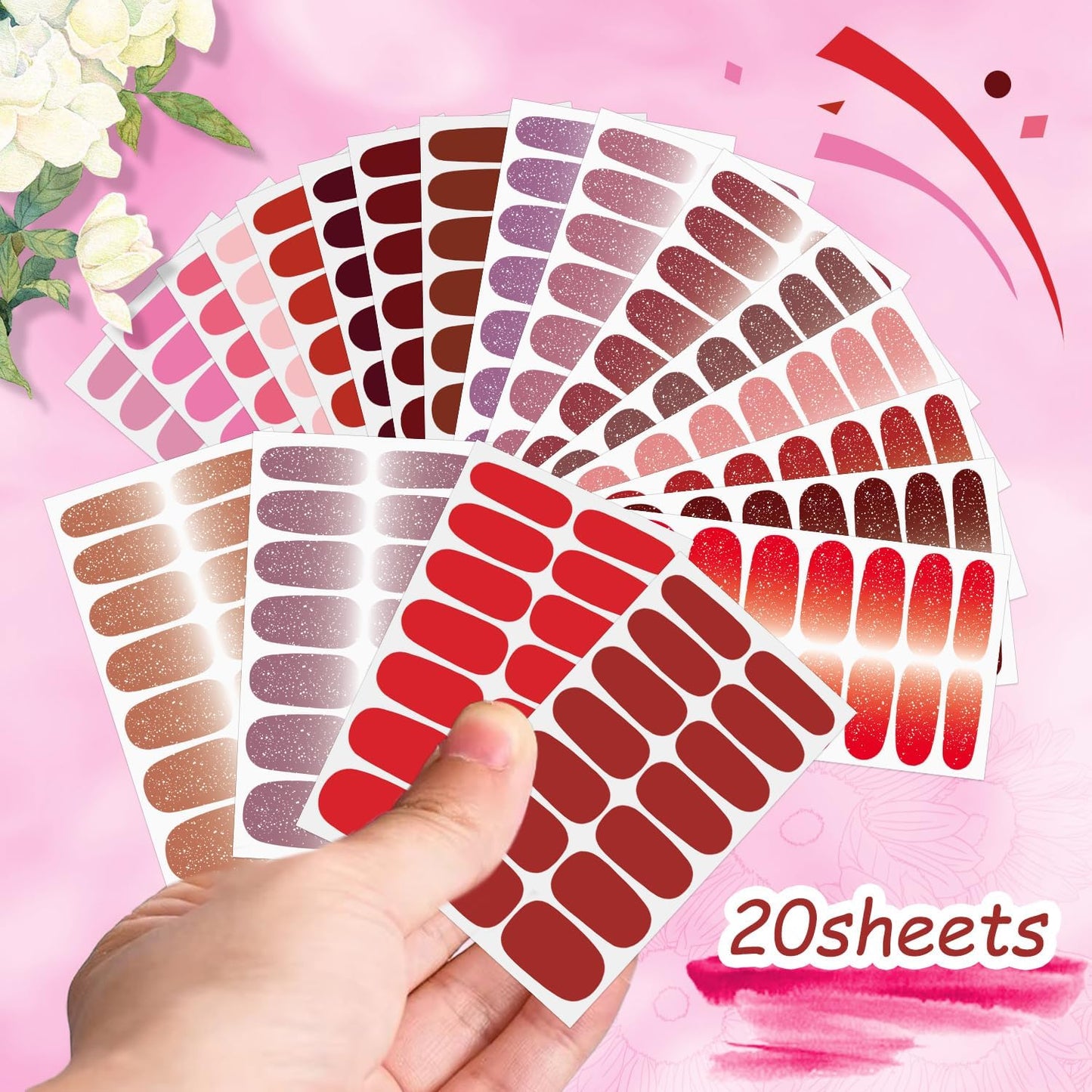 DANNEASY Nail Polish Strips (20 Sheets - Red Solid&Glitter) Gel Nail Stickers Full Nail Wraps Gel Nail Strips Self-Adhesive Manicure Sticker Nails for Women with Nail File, Cuticle Stick