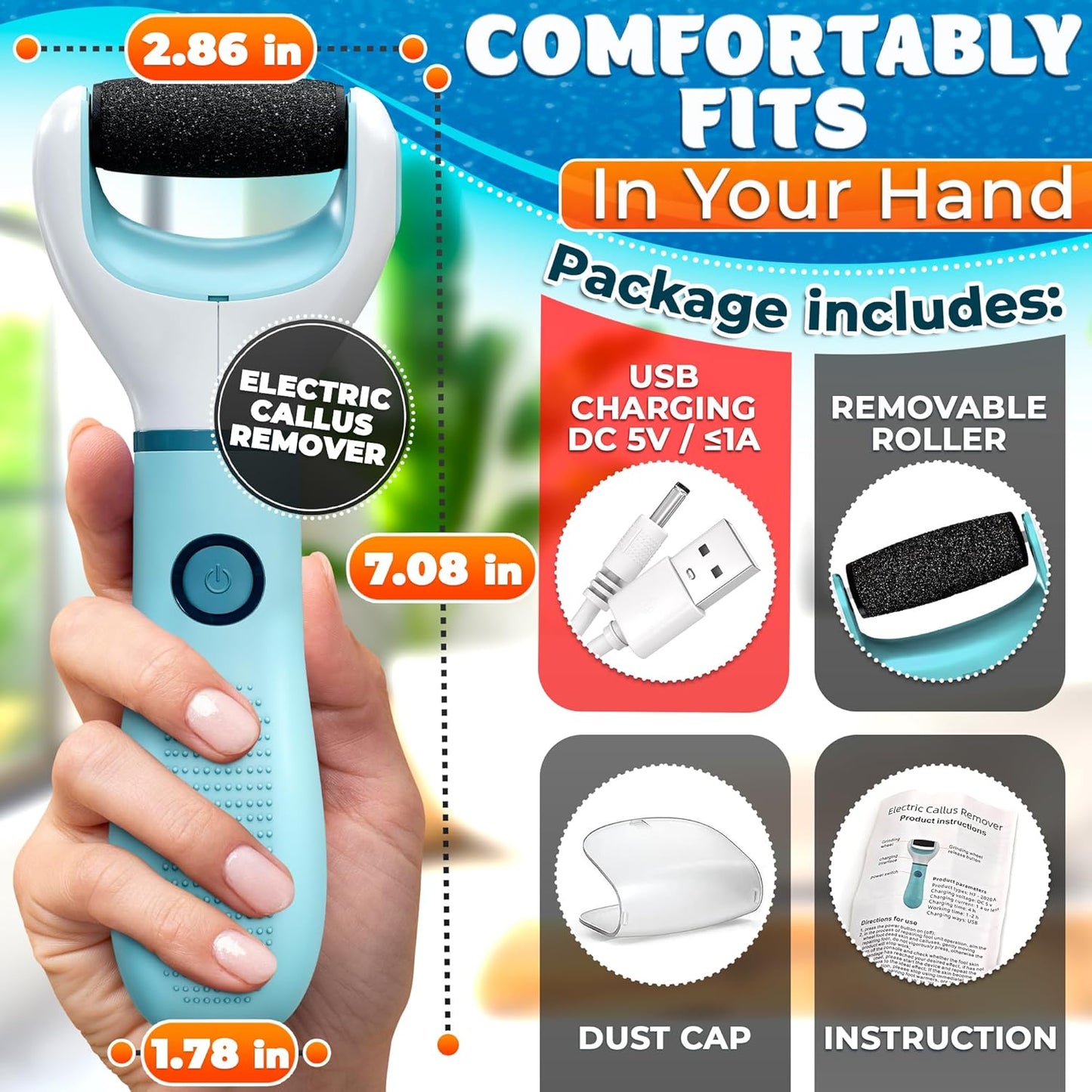 Rechargeable Electric Foot Callus Remover Tool – High-Speed 2800 RPM Electric Foot Sander Callus Remover with Replaceable Roller – Compact & Easy Maintenance, Up to 1-Hour Runtime for Smooth Feet