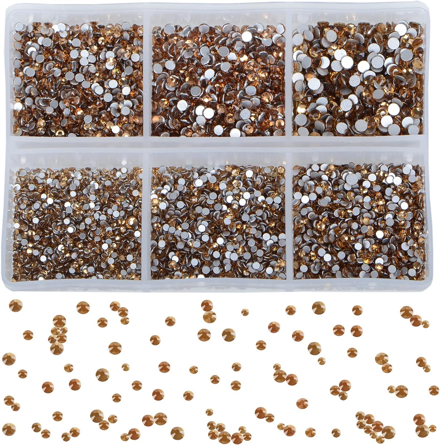 Bymitel 7200 Pieces 6 Mixed Sizes Glue Fix on Glass Rhinestones Round Crystal Gems Flatback for DIY Jewelry Making with one Picking Pen(6-Sizes 7200PCS, Lt. Topaz)