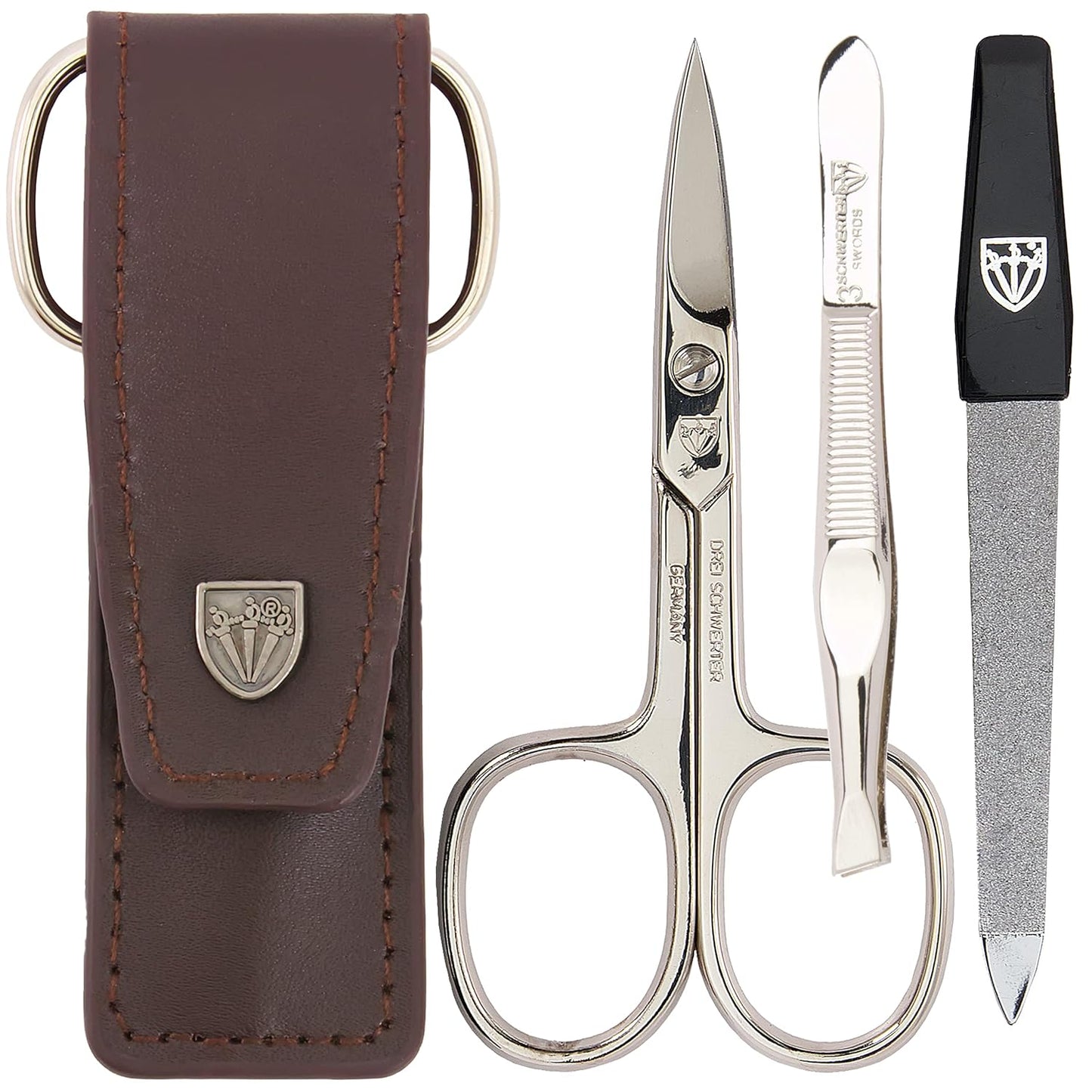 3 Swords Germany - brand quality 3 piece manicure pedicure grooming kit set for professional finger & toe nail care scissors file genuine leather case in gift box, Made in Solingen Germany (03744 )