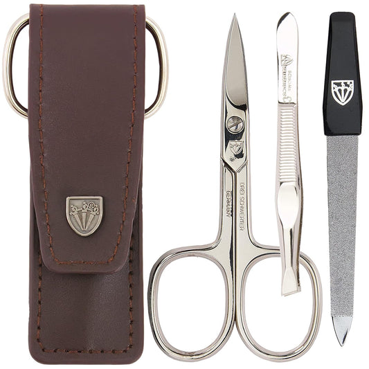 3 Swords Germany - brand quality 3 piece manicure pedicure grooming kit set for professional finger & toe nail care scissors file genuine leather case in gift box, Made in Solingen Germany (03744 )
