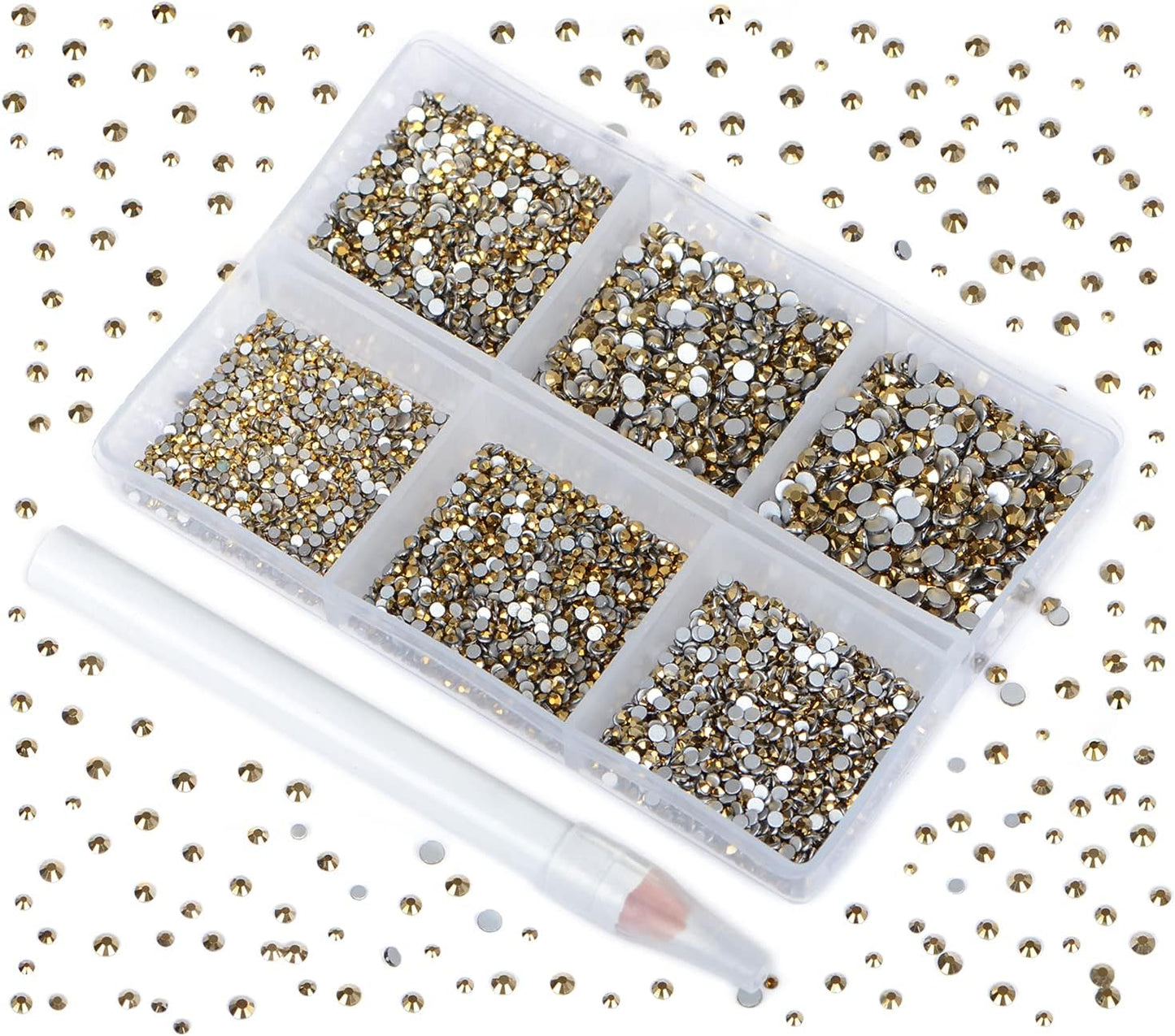 Bymitel 7200 Pieces 6 Mixed Sizes Glue Fix on Glass Rhinestones Round Crystal Gems Flatback for DIY Jewelry Making with one Picking Pen (6-Sizes 7200PCS, Aurum)