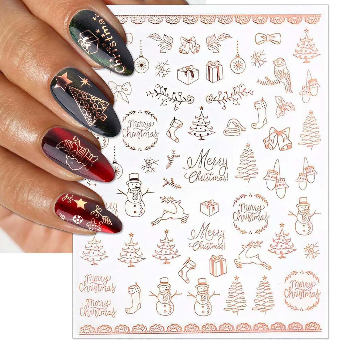 Christmas Nail Stickers, Rose Gold Self-Adhesive Nail Art Decals - 3D Snowflake Elk Design for DIY Manicure Winter Xmas Holiday DIY Nail Decorations (6 Sheets)