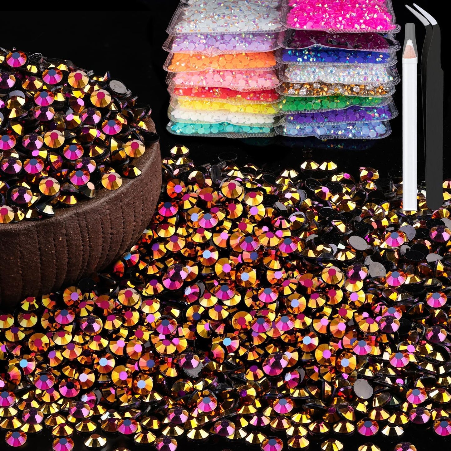 6000pcs 4mm Resin Rhinestones Bulk, Gold Rose AB Flatback Round Jelly Rhinestones Non Hotfix Crystal Gems Large Quantity Wholesale for DIY Crafts Clothes Bottles Face Makeup Manicure