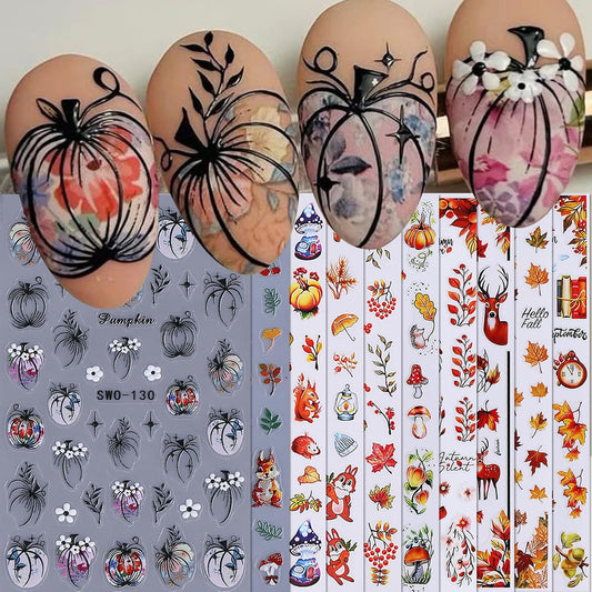 Fall Pumpkin Nail Stickers Decals 10PCS Autumn Maple Leaves Designs for Nails Art Squirrel Mushroom 3D Self-Adhesive Sliders Manicure Fall Nail Art Stickers Supplies for Women DIY Holiday Decoration