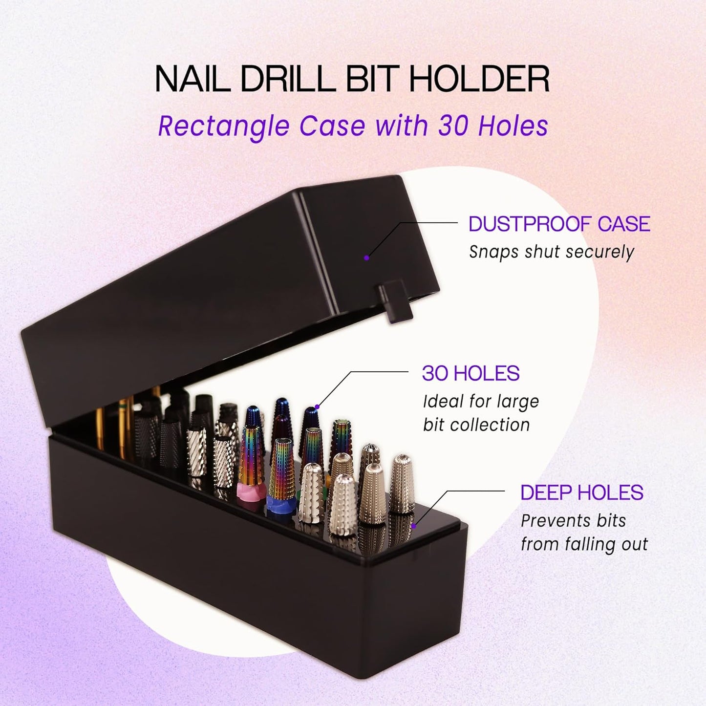 PANA Rectangle Nail Drill Bit Holder Display Organizer Case - Dustproof Carbide Bit Storage Container Box For Manicure Tools Nail Salon - 30 Holes Black (Drill Bits Not Included)