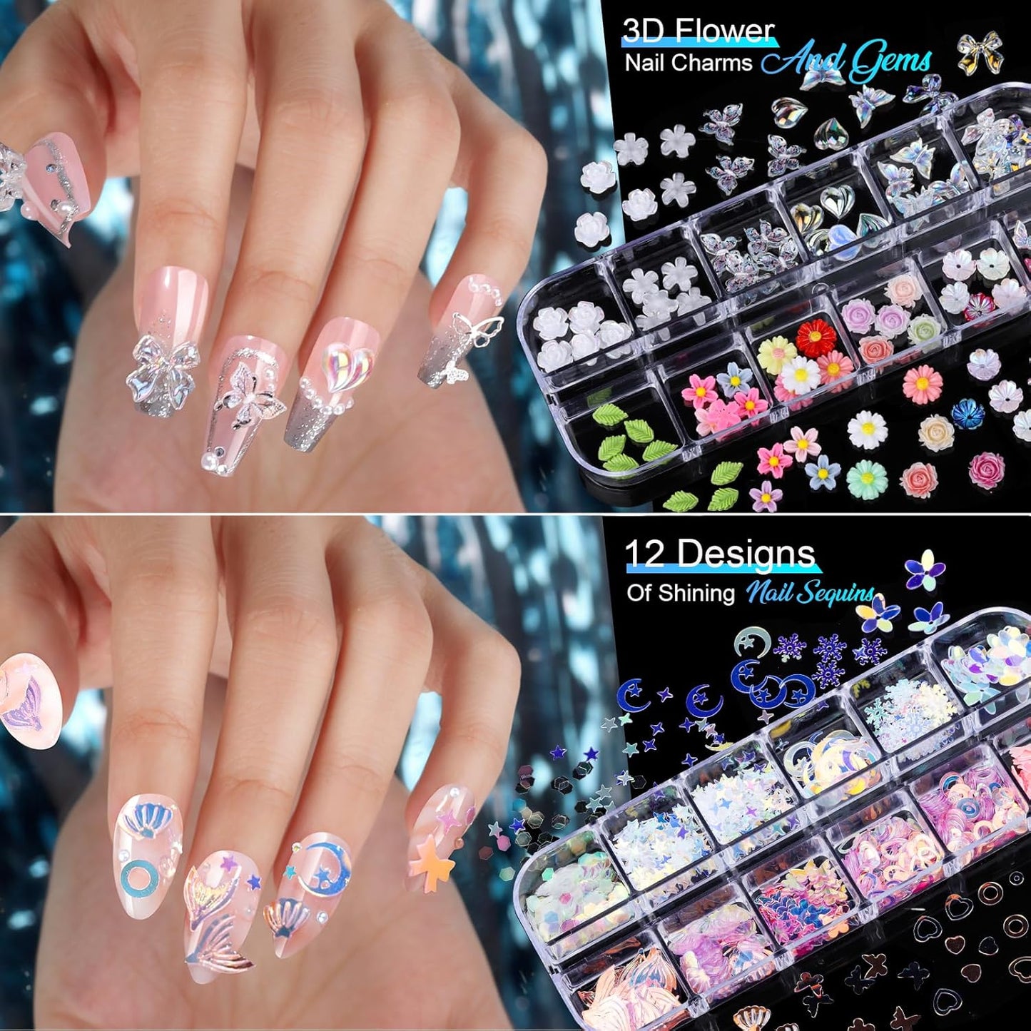 Teenitor Nail Charms Nail Stickers for Nail Art Kit, 8 Boxes Nail Rhinestones Nail Gems Pearls for Nails with 20 Sheets Nail Art Stickers, 3D Gold Nail Charms and Gems Nail Supplies Nail Art Tools