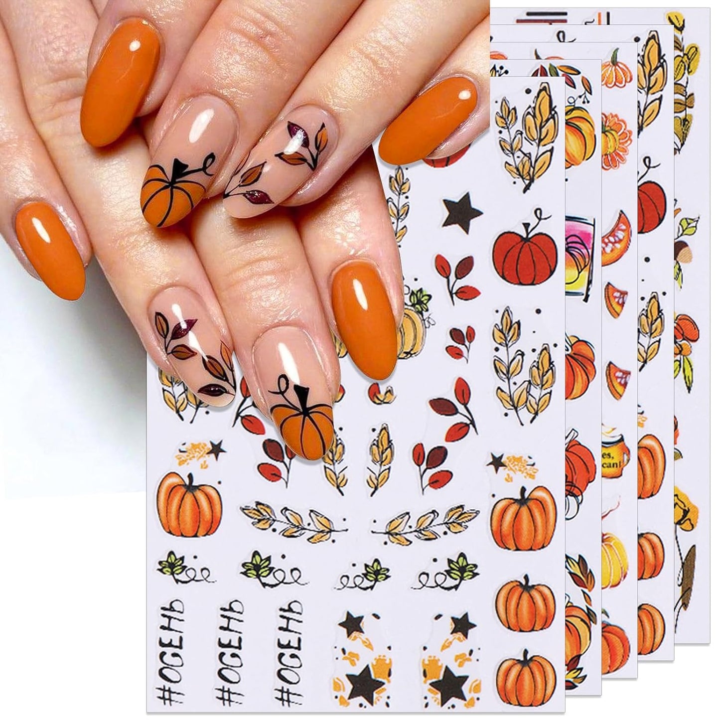 8 Sheets Fall Nail Stickers - Autumn Pumpkin Leaf Floral Self-Adhesive 3D Nail Decals for Women Girls DIY Thanksgiving Day Manicure