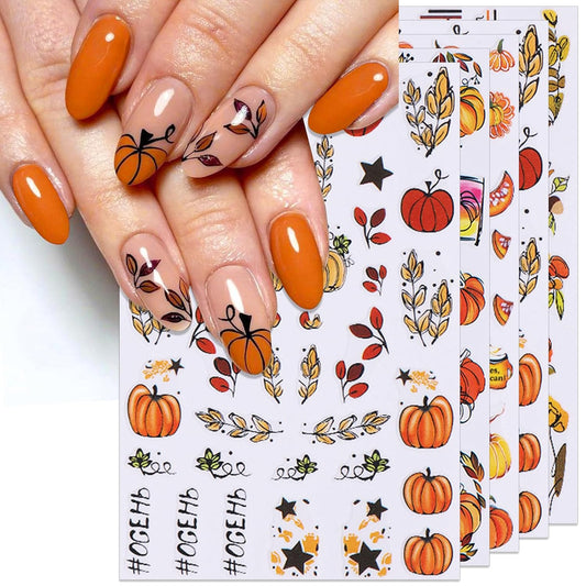 8 Sheets Fall Nail Stickers - Autumn Pumpkin Leaf Floral Self-Adhesive 3D Nail Decals for Women Girls DIY Thanksgiving Day Manicure