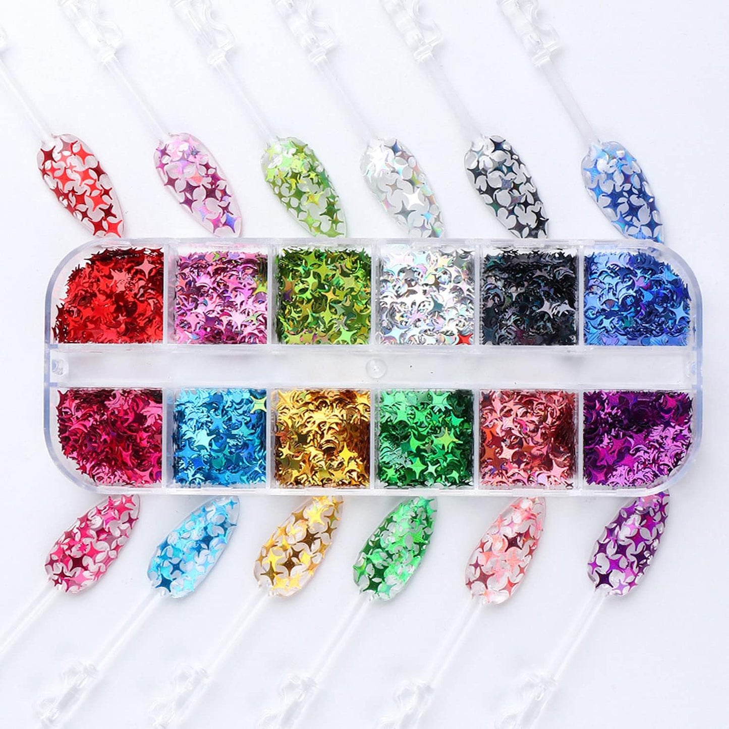 12 Colors Star Nail Art Stickers Glitter Four-Pointed Star Flakes Nail Art Sequins Paillette Confetti Holographic Laser Shining Gel Colorful Nails Decoration DIY Acrylic Nail Supplies Manicure Tips