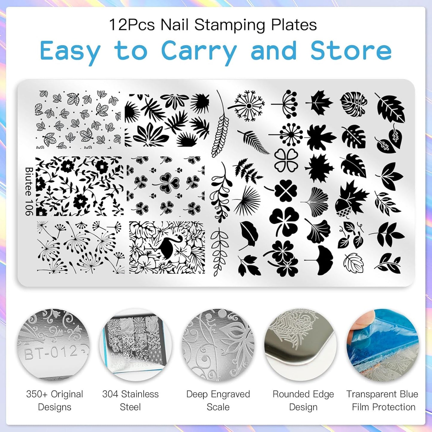 Biutee Nail Stamper Kit 12Pcs Nail Art Stamping Plate 8 Colors Stamp Polish Gel with Top Coat and Base Coat Set Silicone Stamper Scraper, Nail Stamp Plates Love Flower Butterfly Leaf Halloween Design