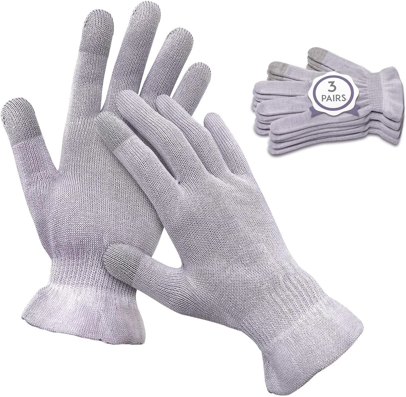 MIG4U Moisturizing Beauty Gloves Touchscreen Overnight Sleeping Glove for Women Dry Hands, Nighttime Lotion, Eczema, SPA, Cosmetic Treatment, Grey Purple 3 Pairs Size S/M