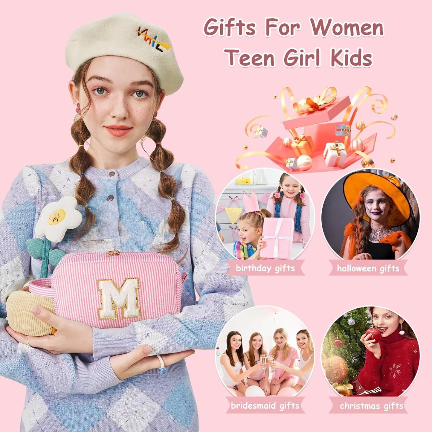 YOOLIFE Graduation Gifts for Girls Teen Girls - Class Of 2024, Personalized Graduation Gifts for Her, Graduation Party Favor, Monogram Initial Pink Makeup Bag for Teen Girl Gifts Trendy Stuff G