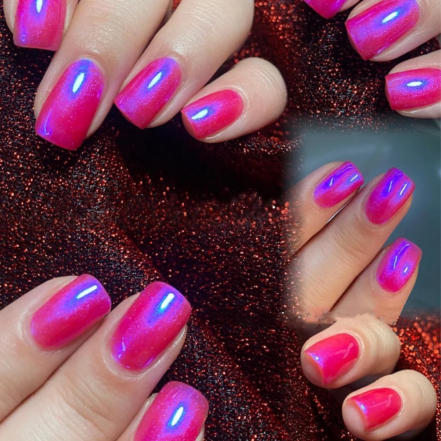 Hot Pink Nail Polish, Quick Dry Nail Lacquer, Deep Neon Pink Blue Shimmer Glitter Nail Polish, Chip-Resistant & Longwear Formula, High Shine Finish,Salon-Quality for Women 0.41 fl oz