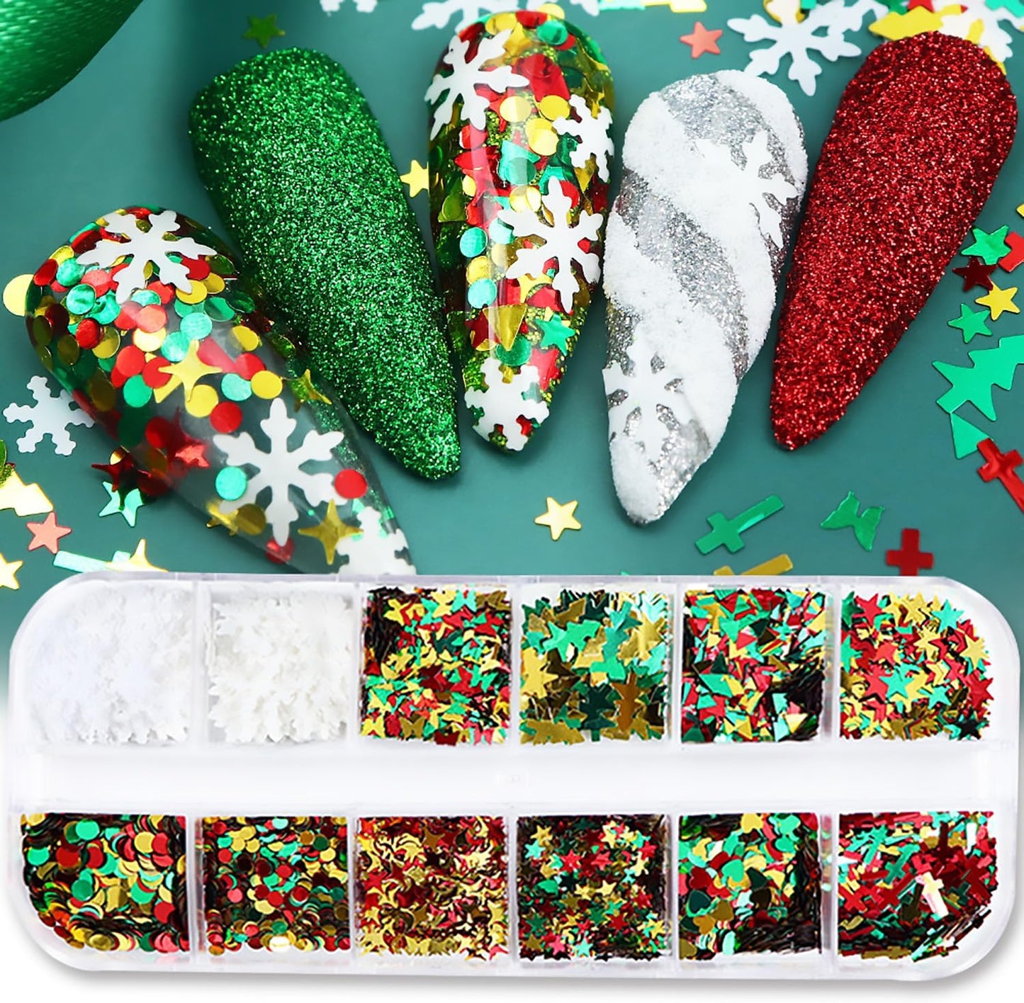 12 Grids Christmas Nail Art Glitter Sequins 3D Holographic Mixed Winter Nail Glitter Flakes Snowflake Christmas Tree Star Round Cross Designs Glitter for Acrylic Nails Xmas Nail Decorations for Women