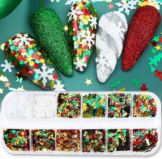12 Grids Christmas Nail Art Glitter Sequins 3D Holographic Mixed Winter Nail Glitter Flakes Snowflake Christmas Tree Star Round Cross Designs Glitter for Acrylic Nails Xmas Nail Decorations for Women