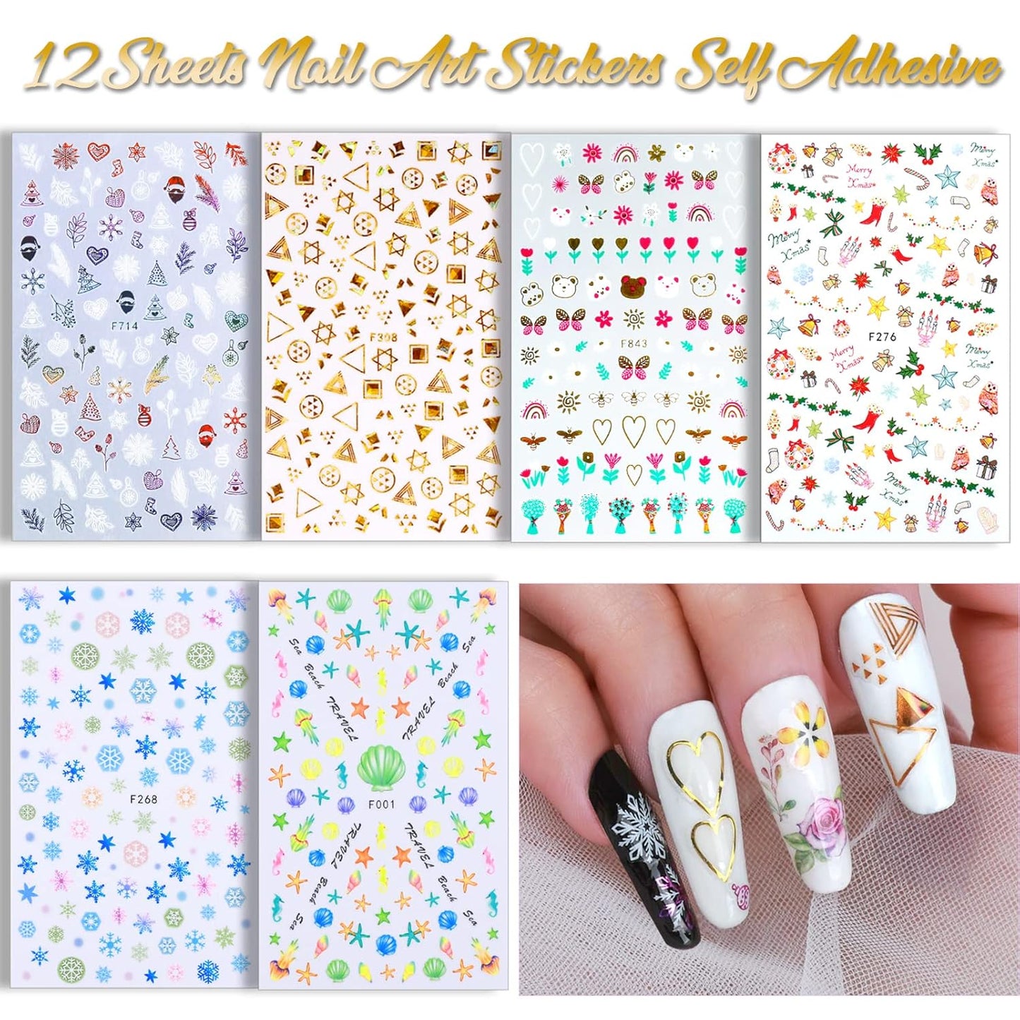 Nail Art Sticker, 12 Sheets Nail Art Stickers Flower Nail Stickers Decal 3D Self-Adhesive, Teenitor Nail Art Decoration with Nail Glitter Butterfly Sequins Nail Foils Nail Flower Slices