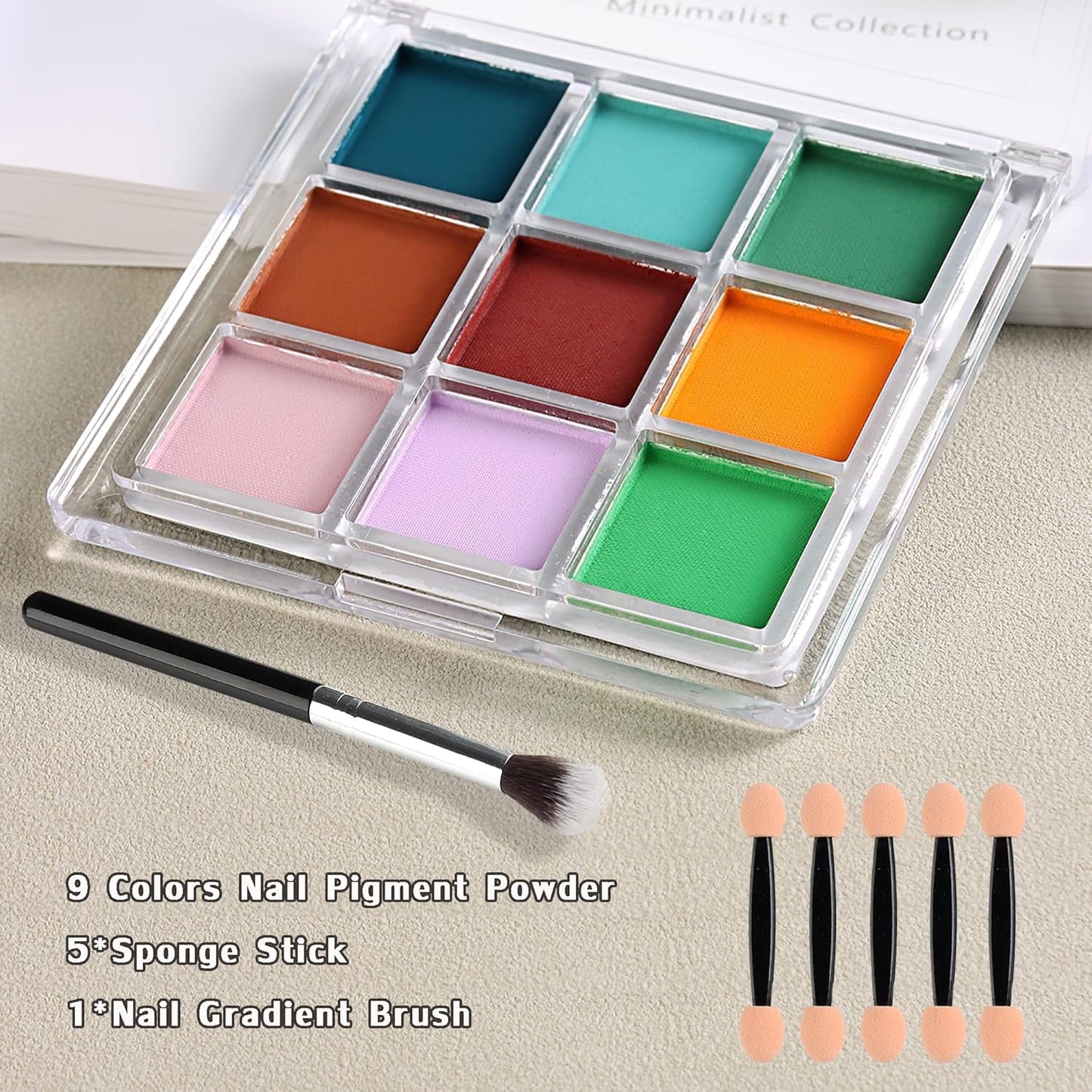 Nail Pigment Palette 9 Colors Gradient Ombre Nail Powder Set for DIY Manicure Beginners - Perfect Nail Design with Ultra Fine Powder - Includes 5 Sponge Sticks 1 Brush #07