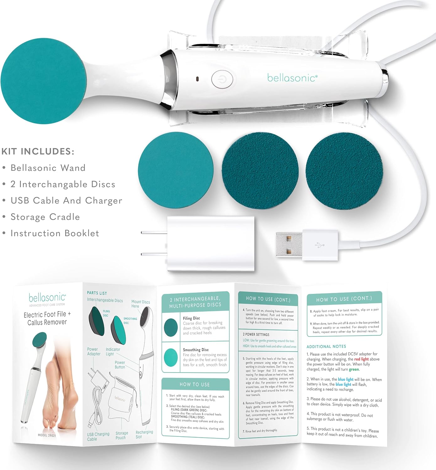 Bellasonic Electric Foot File + Callus Remover with Unique Oscillating Head – File & Smooth Dry, Hardened & Cracked Skin on Heels & Toes – Salon Quality Pedicure at Home w/Portable, Rechargeable Set