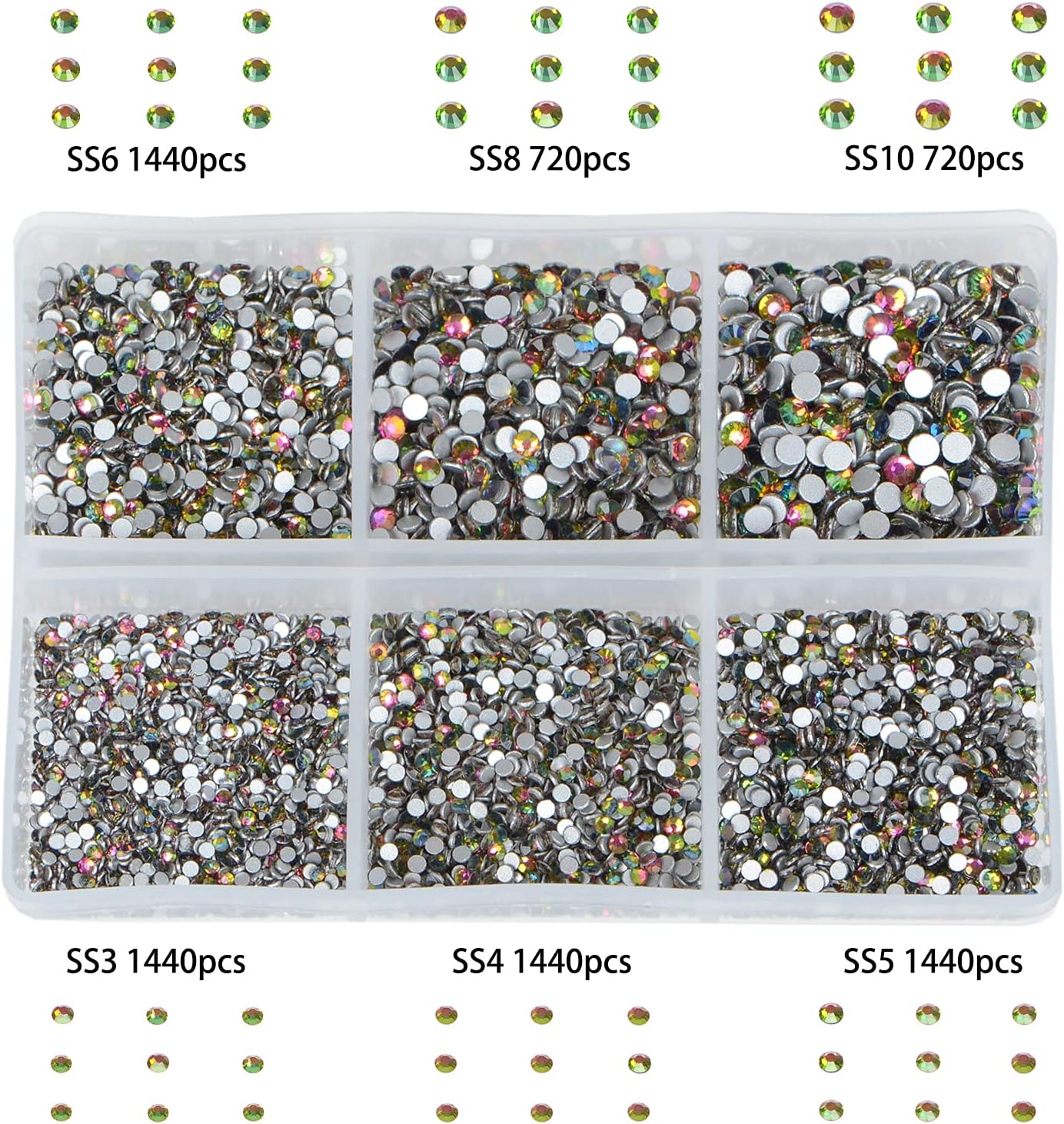 Bymitel 7200 Pieces 6 Mixed Sizes Glue Fix on Glass Rhinestones Round Crystal Gems Flatback for DIY Jewelry Making with one Picking Pen(6-Sizes 7200PCS, Vitrail Medium)