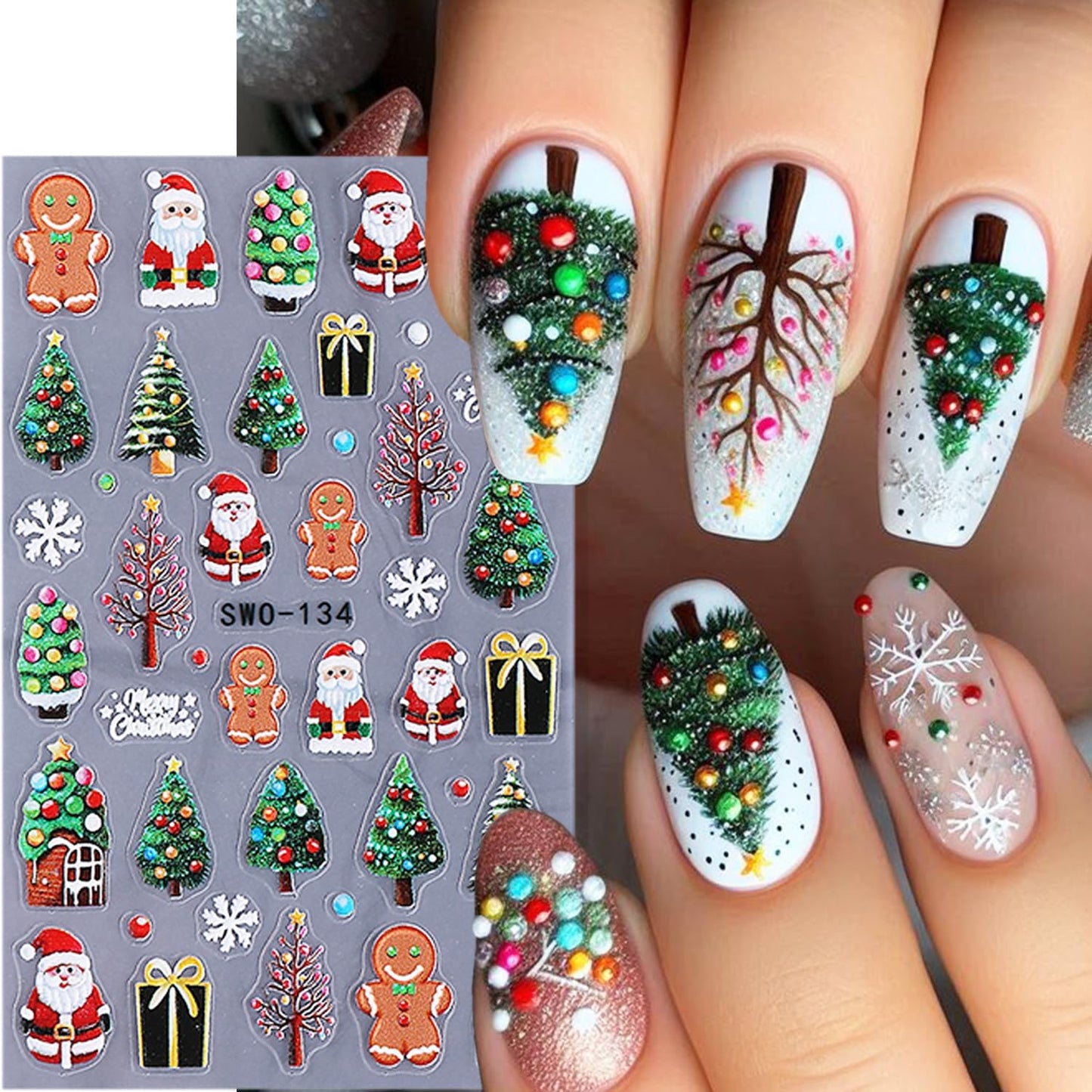 2 Sheets 5D Embossed Christmas Nail Stickers for Nail Art Self-Adhesive Santa Claus Nail Decals Winter Snowman Snowflake Nail Art Stickers Xmas Bow Light Strips Christmas Tree Nail Design for Women
