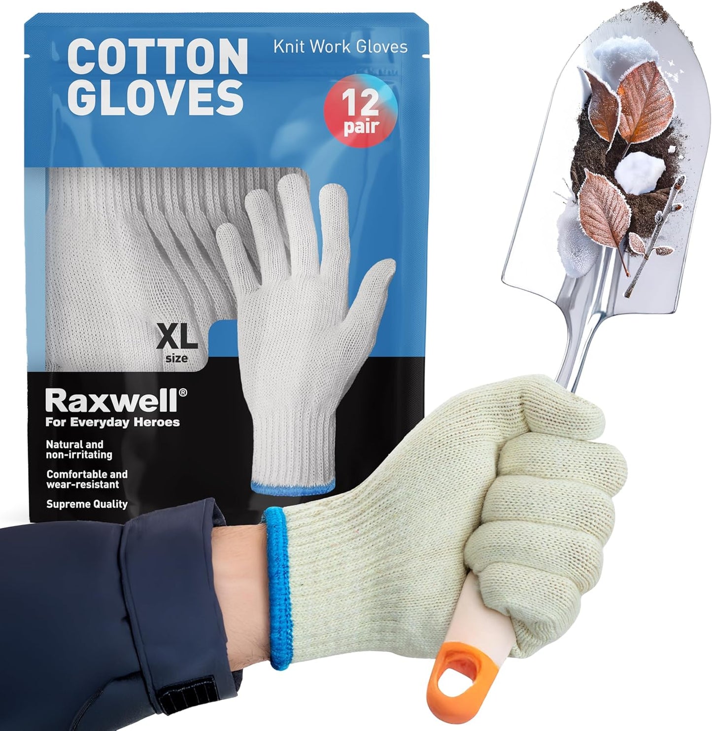 Raxwell White Cotton Gloves - Premium Knit Work Gloves, 12 pairs - Durable Liners for BBQ, Painting, Gardening, Industrial, & Mechanics, Natural Color, Size X-Large