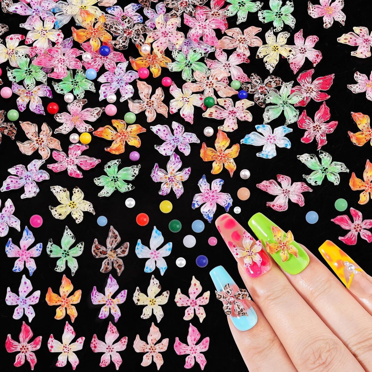 300Pcs Flower Nail Charms Kit, 100Pcs 3D Hawaii Flowers and 100Pcs Nail Pearls with 100Pcs Macaron Beads, Colorful Hibiscus Floral Charms Tiny Gems Round Beads for Nails Designs DIY Crafts
