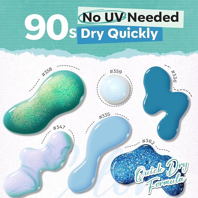 modelones Blue Nail Polish Set, 6 Colors White Green Glitter Pearl Mermaid Quick Dry Mini Starter Kit, Long Lasting Art DIY Manicure Set at Home for Women Girls