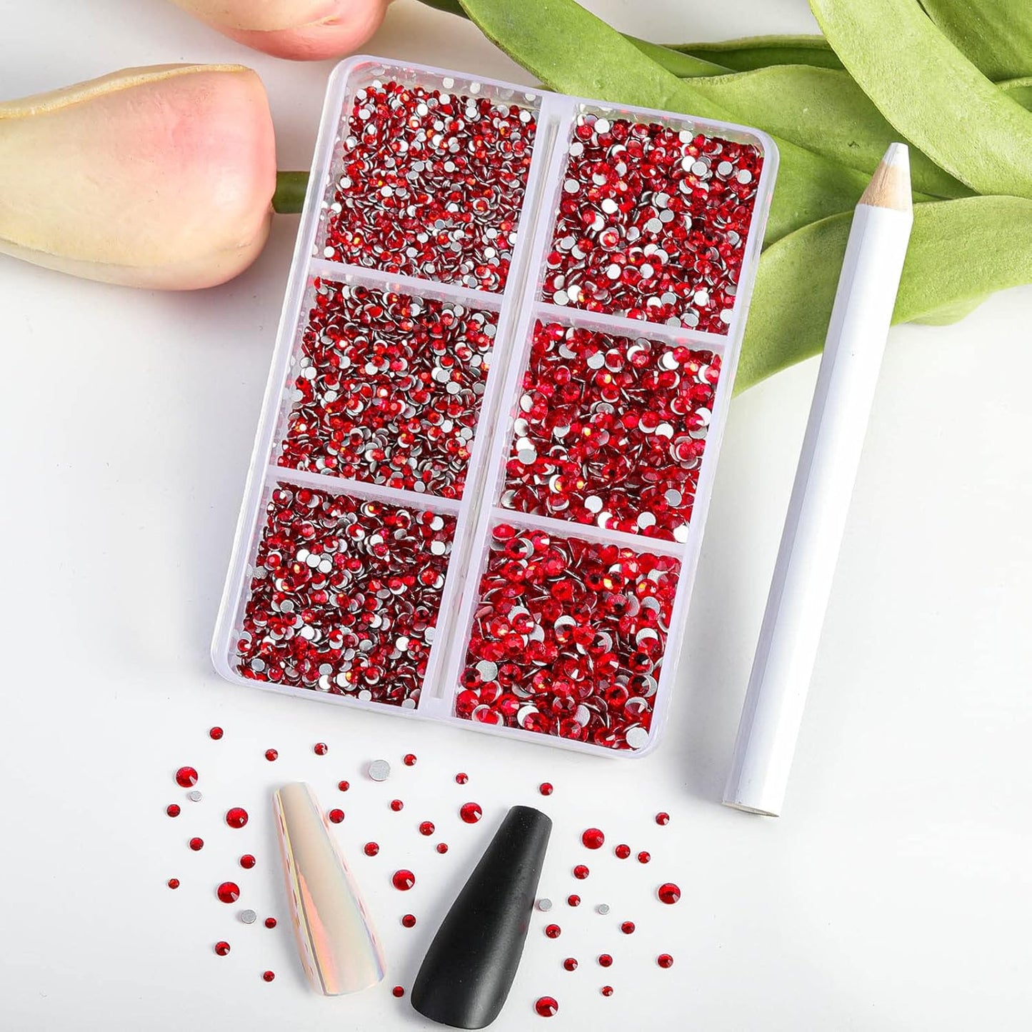 Beadsland 7200pcs Flatback Rhinestones, Red AB Rhinestone Nail Gems Round Crystal Rhinestones for Crafts,Mixed 6 Sizes with Wax Pencil Kit, SS3-SS10, Light Siam
