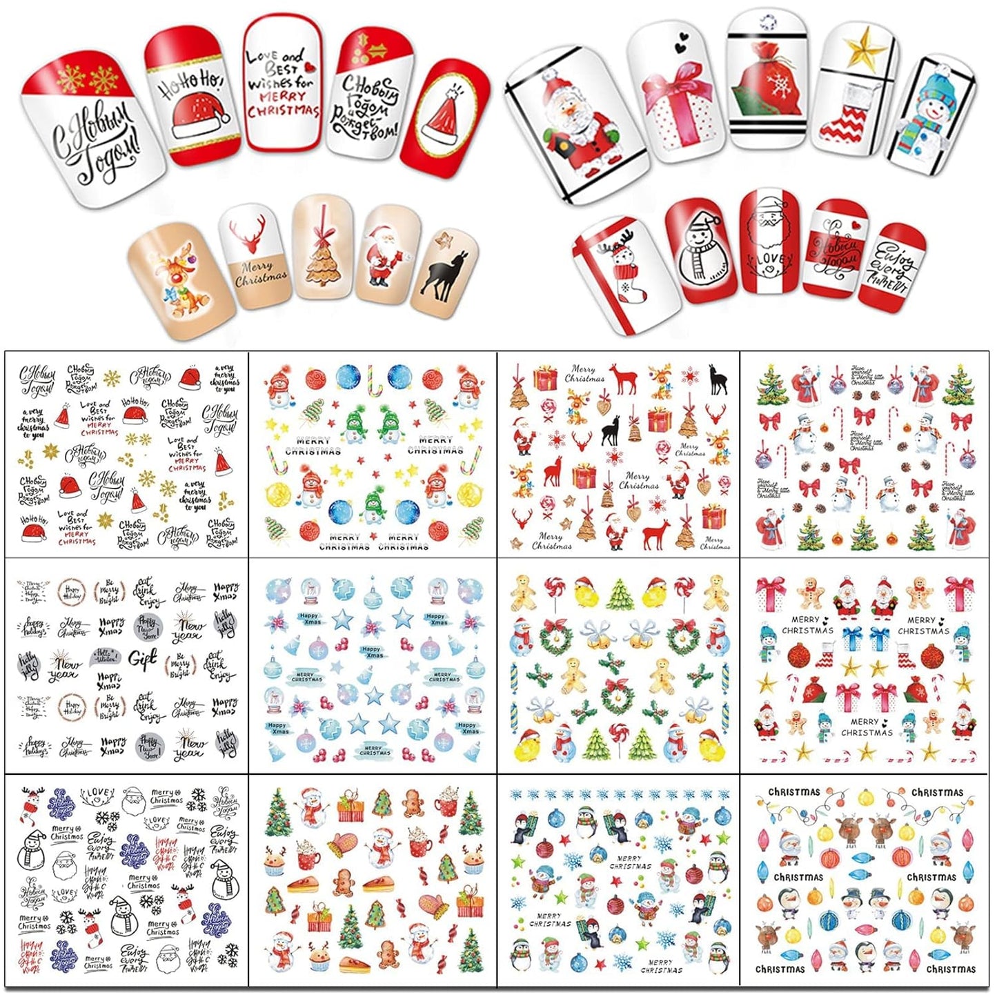 TailaiMei 60 Sheets Christmas Nail Stickers, Water Transfer Decals, Winter Full Nail Wraps Nail Art Decorations, Design for Santa Claus Snowflake Snowman (1028 Pcs)