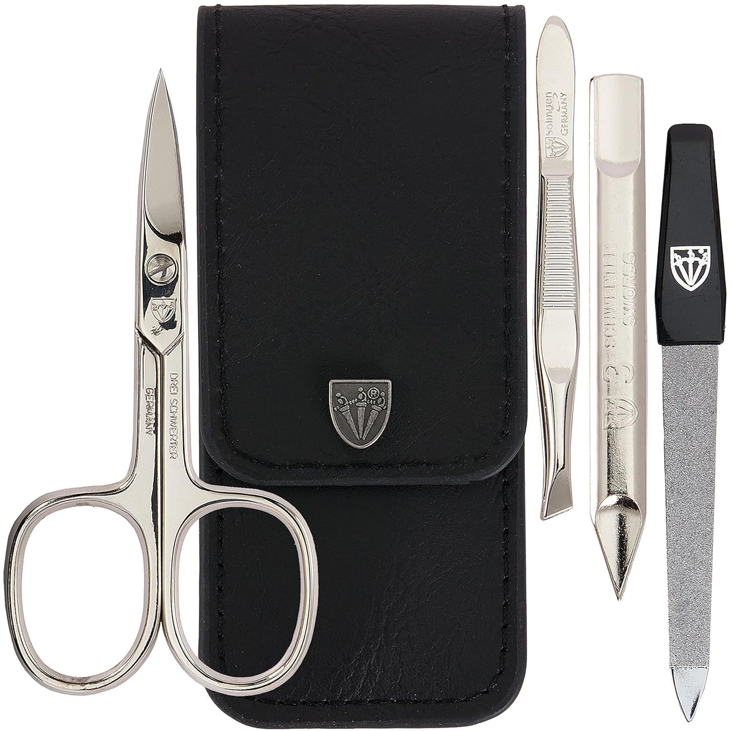 3 Swords Germany - brand quality 3 piece manicure pedicure grooming kit set for professional finger & toe nail care scissors tool genuine leather case in gift box, Made in Solingen Germany (77105)