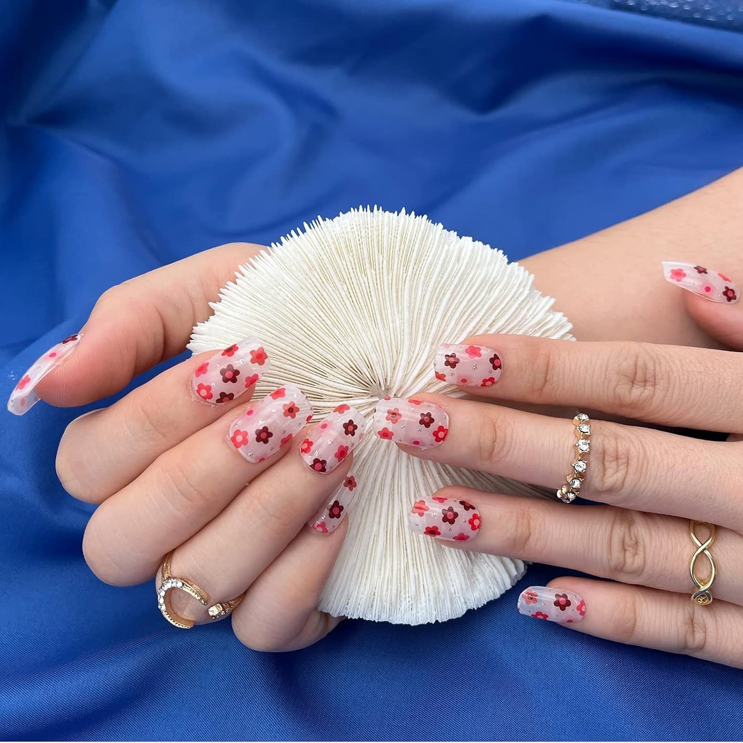 MOMSON Semi Cured Gel Nail Strips - 20 Real Gel Nail Polish Stickers/Full Nail Wraps - Art Manicure Kits for DIY at Home, Salon-Quality, Easy to Apply & Remove (Small Flowers, Orange, Red)