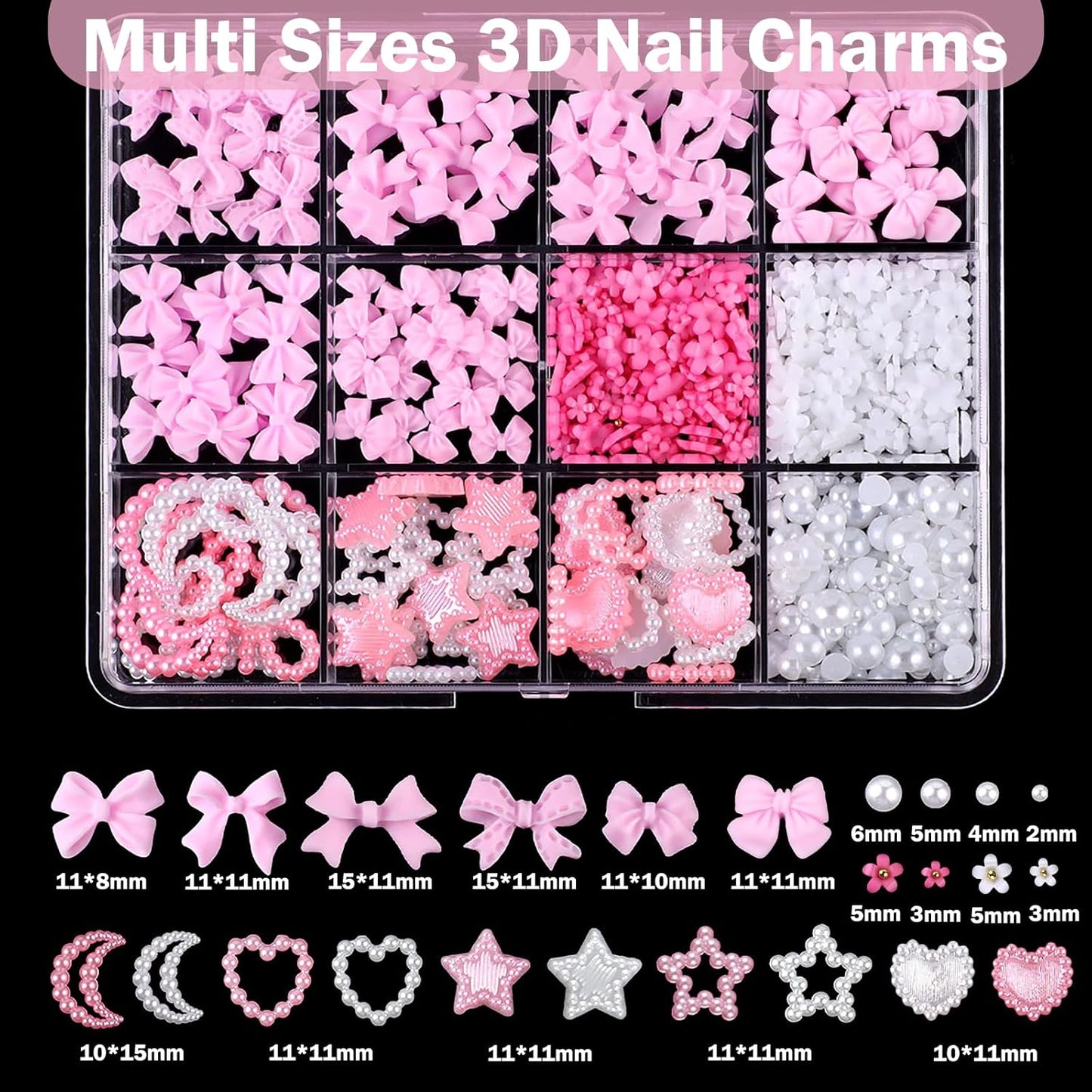 3D Nail Charms, Mixed Flower Bow Moon Heart Star Nail Art Charms Nail Art Charms, Half Round Pearl+Flatback Pink Gems+Gravel Diamond+Nail Studs, Nail Gems for Nail Art DIY Decoration with Pickup Tools
