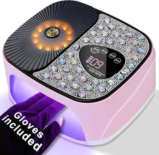 LIMEGIRL UV LED Nail Lamp Kit for Gel Polish Professional Fast Curing Pink Dryer Light Set with 4 Timer Settings Cordless Rechargeable Nail Art Cure Machine with UV Gloves for Manicure Pedicure