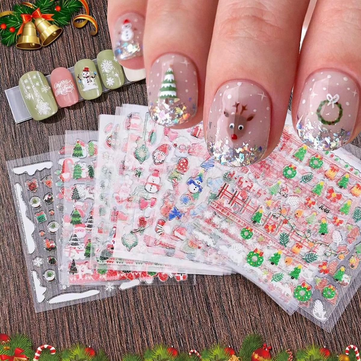 Glitter Christmas Nail Art Stickers for Set 3D Self- Adhesive Nail Supplies Snowflake Elk Santa Claus Cute Penguin Deer Snowman Nail Decals with Design Sparkly Xmas Winter Nail Decoration for Women