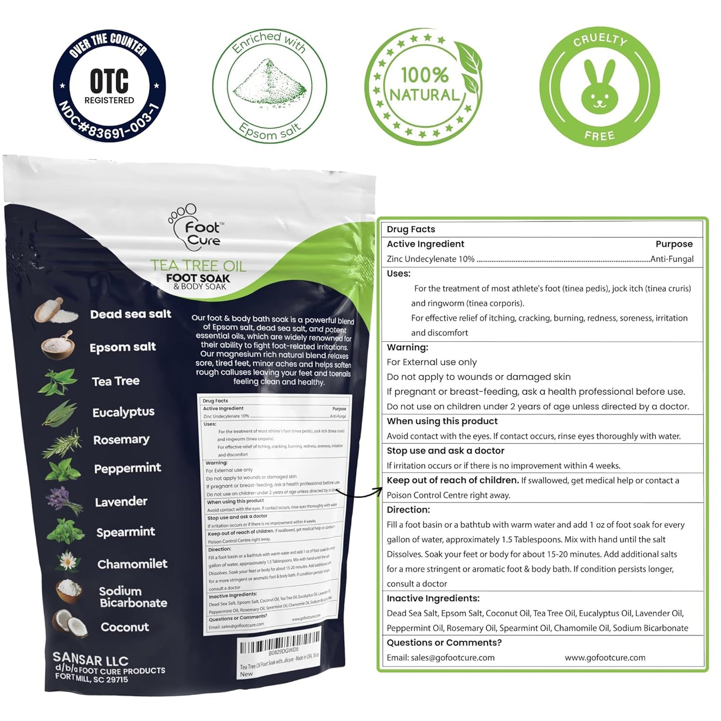 FOOT CURE Tea Tree Oil & Muscle Foot Soak with Epsom Salts - All-Natural Salts for Post-Workout Recovery - Softens Calluses, Soothes Sore & Tired Feet, Foot Odor Control, Spa Pedicure (Pack of 2)