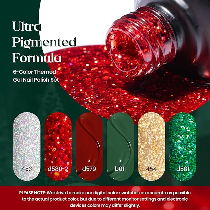 Beetles Christmas Gel Nail Polish, Red Sparkle Green Glitter Gold Silver Winter Gel Polish Dark Red Gel Polish Kits Soak Off Nail Lamp Uv LED Cured for Nail Art Design Gift for Women