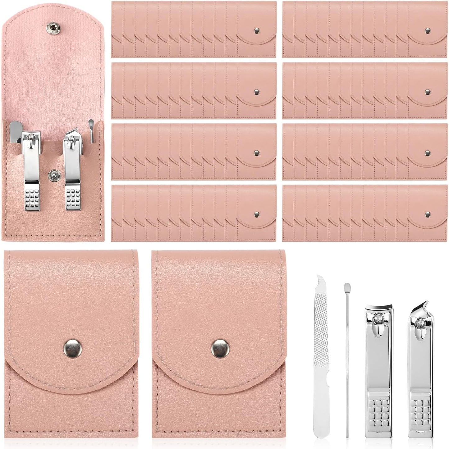 Lasnten 100 Bulk Nail Clipper Set Bulk Manicure Kit Stainless Steel Pedicure Professional Nail Care Kit with Travel Case Portable Grooming for Husband Men Women Family(Pink,4 in 1)