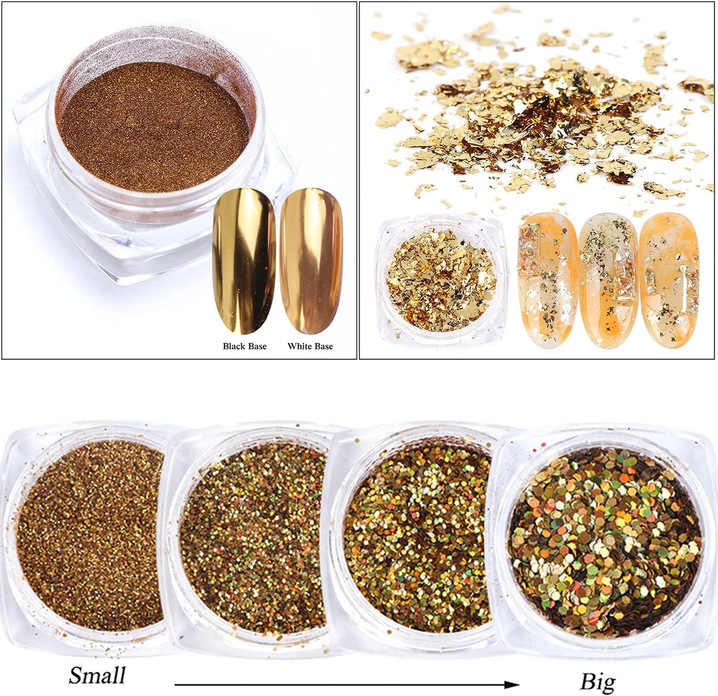 Holographic Gold Glitters Nail Art Sequins 3D Flakes Decoration for Women Girls Manicure Tips DIY Acrylic Nails Supplies Shining Design Accessories (8 Boxes)