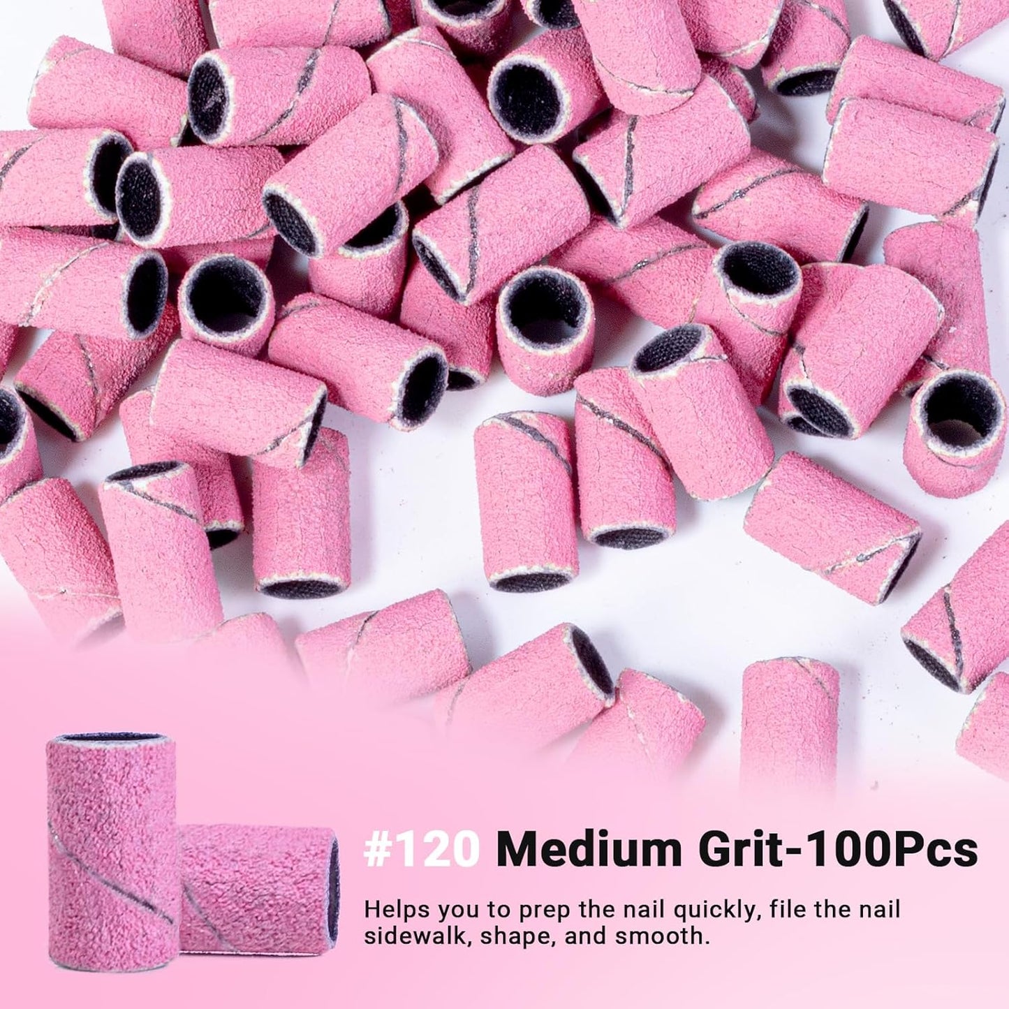 MelodySusie 100 Pcs Nail Drill Bits Sanding Bands for Nail Drill 120 Medium Grit Nail File Sanding Bands for Acrylic Nails Gel Manicures and Pedicure,Light Pink